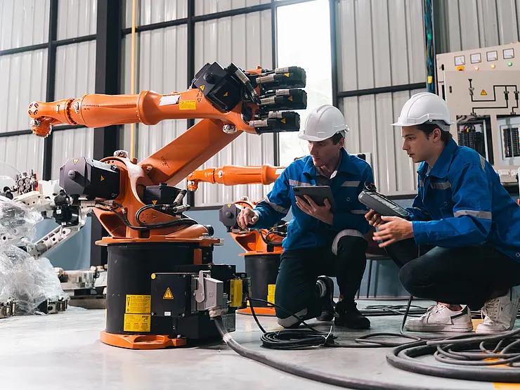 Zwei Mitarbeiter der Autoindustrie knien vor einem Roboter und stellen etwas ein.