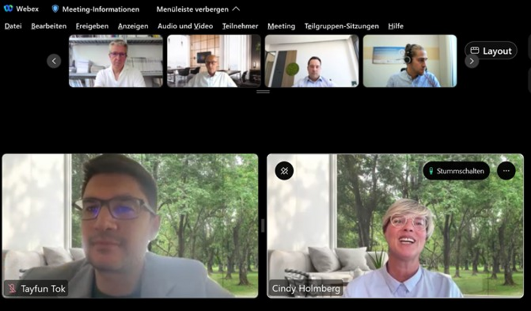 Bild eines Webex-Meetings mit Cindy Holmberg und Tayfun Tok.